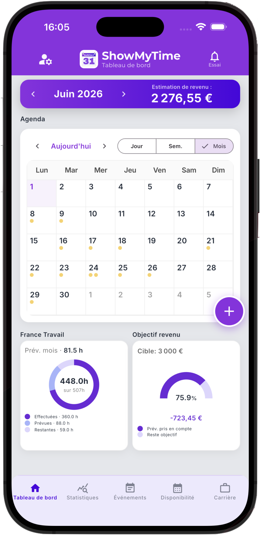 ShowMyTime mobile — tableau de bord avec agenda et estimation de revenu.