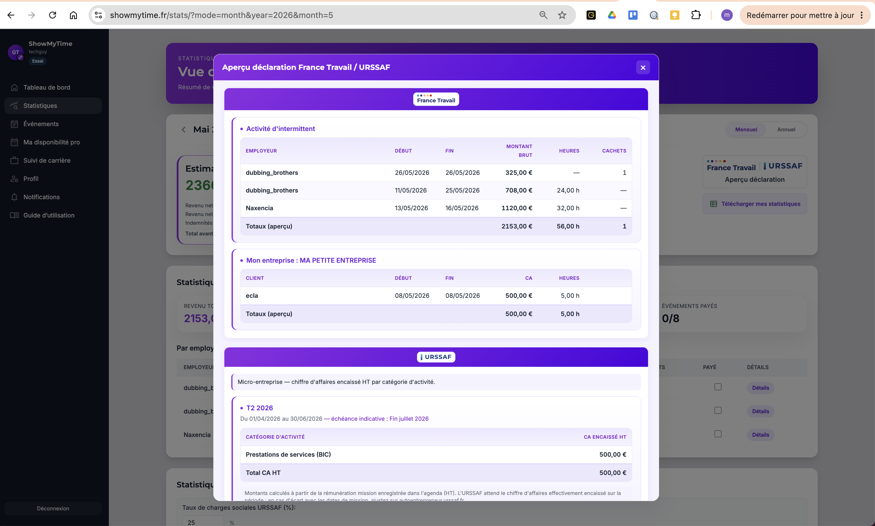 ShowMyTime — aperçu déclaration France Travail et URSSAF pour le mois.