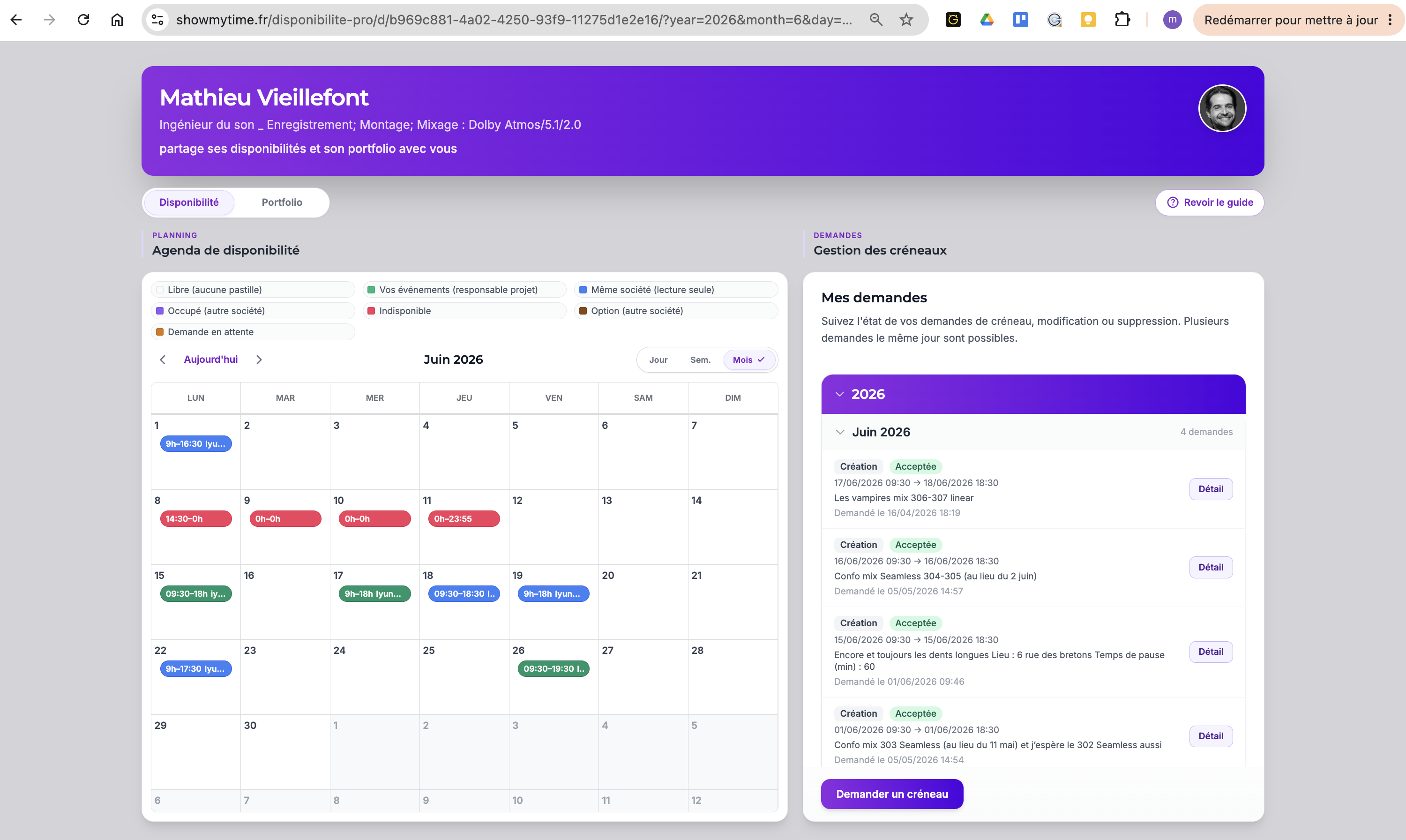 ShowMyTime — vue employeur : calendrier de disponibilité partagée et demandes de créneaux.