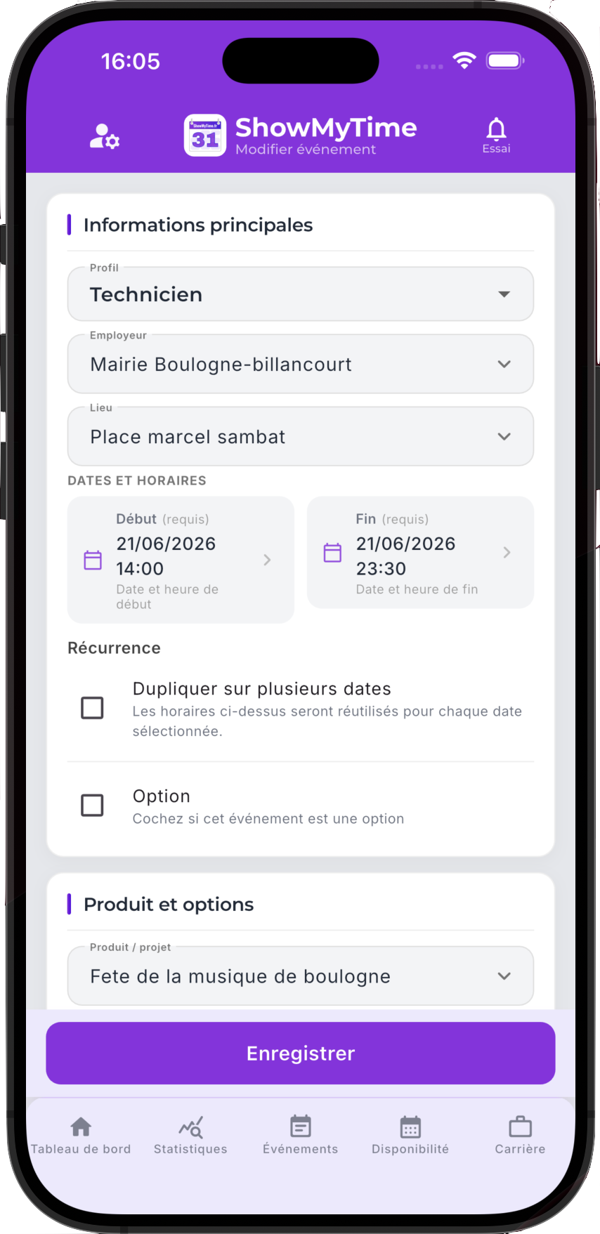 ShowMyTime mobile — modifier un événement : profil, employeur, lieu et horaires.